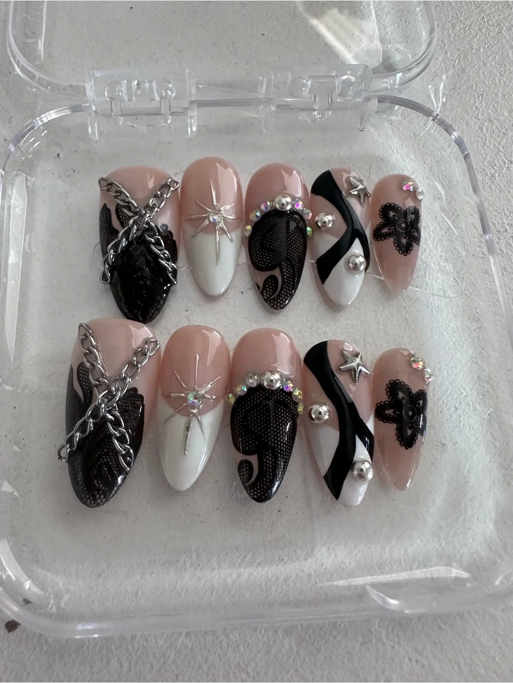 Custom Hand-Painted Long Stiletto Press On Nails Goth Cyber medium